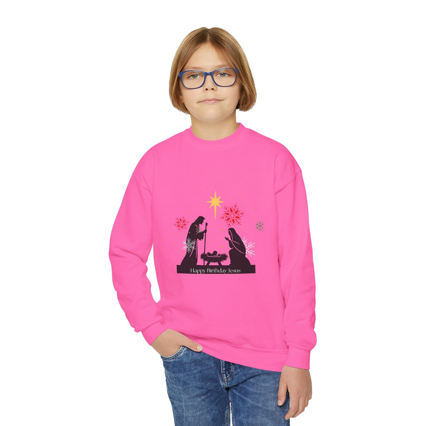 Christmas Youth Sweatshirt, faith inspired Holiday Gift, Nativity Scene Crewneck for youth, kids Winter Apparel, Kids Christmas Sweater, Religious Youth crewneck