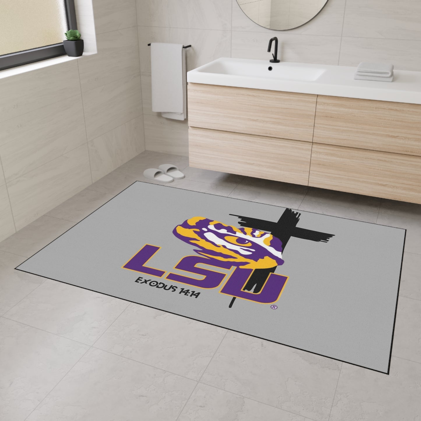 LSU themed faith inspired Heavy Duty Floor Mat, LSU home decor for dorms, university themed dorm accessories