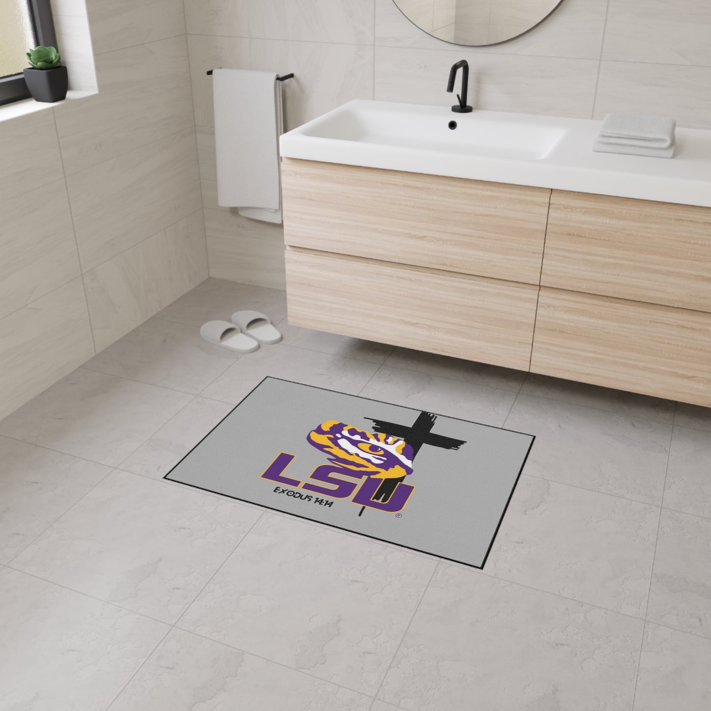 LSU themed faith inspired Heavy Duty Floor Mat, LSU home decor for dorms, university themed dorm accessories
