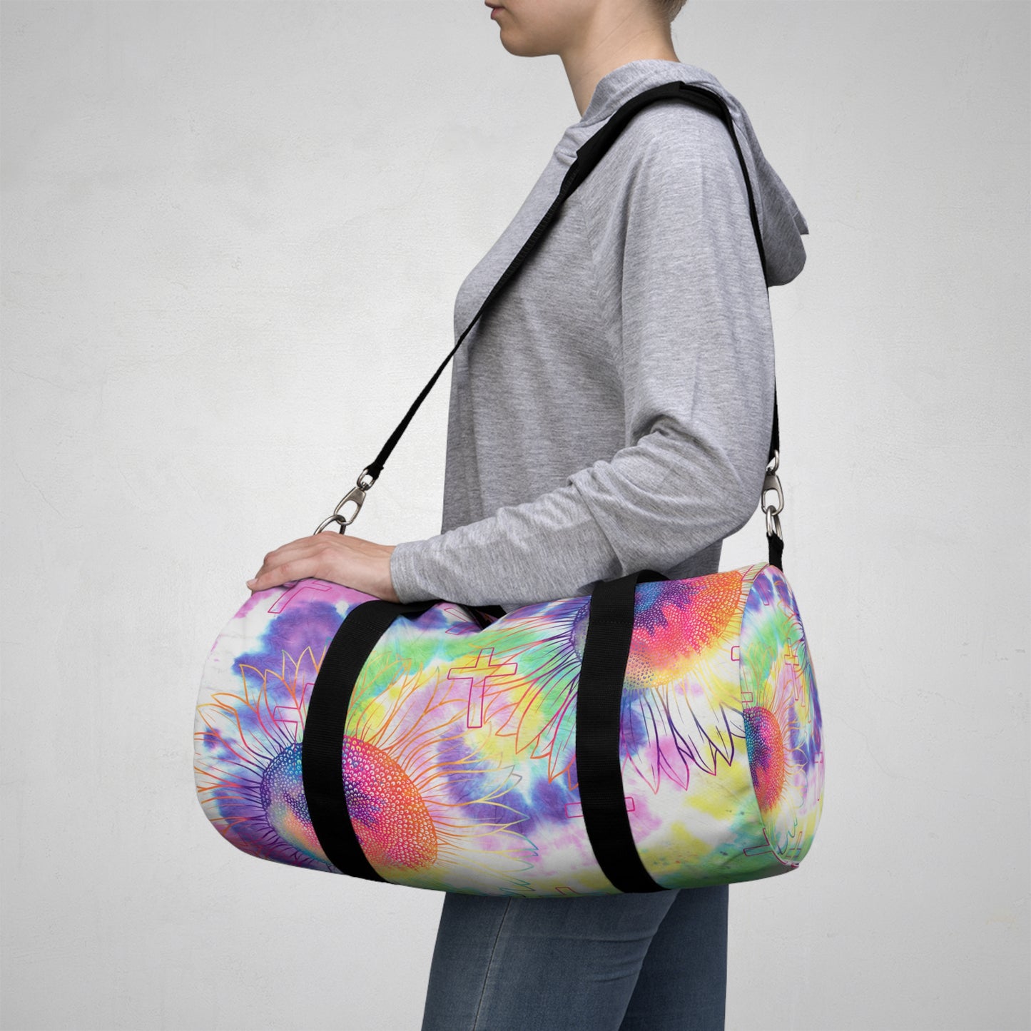 Vibrant Floral Cross Duffel Bag, faith inspired Gym Bag, Weekend faith based Travel Bag, cross themed Sports Bag, Tote for Fitness Enthusiasts, Christian Gifts