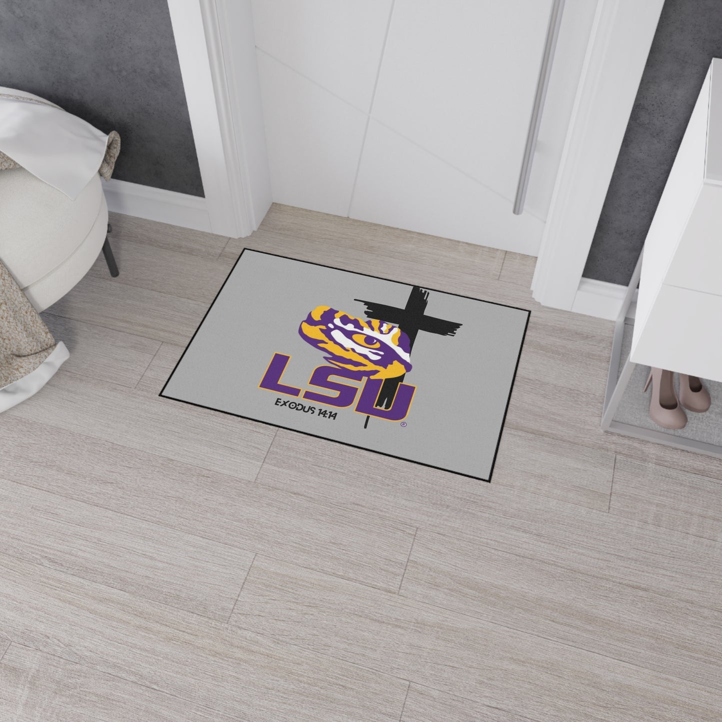 LSU themed faith inspired Heavy Duty Floor Mat, LSU home decor for dorms, university themed dorm accessories