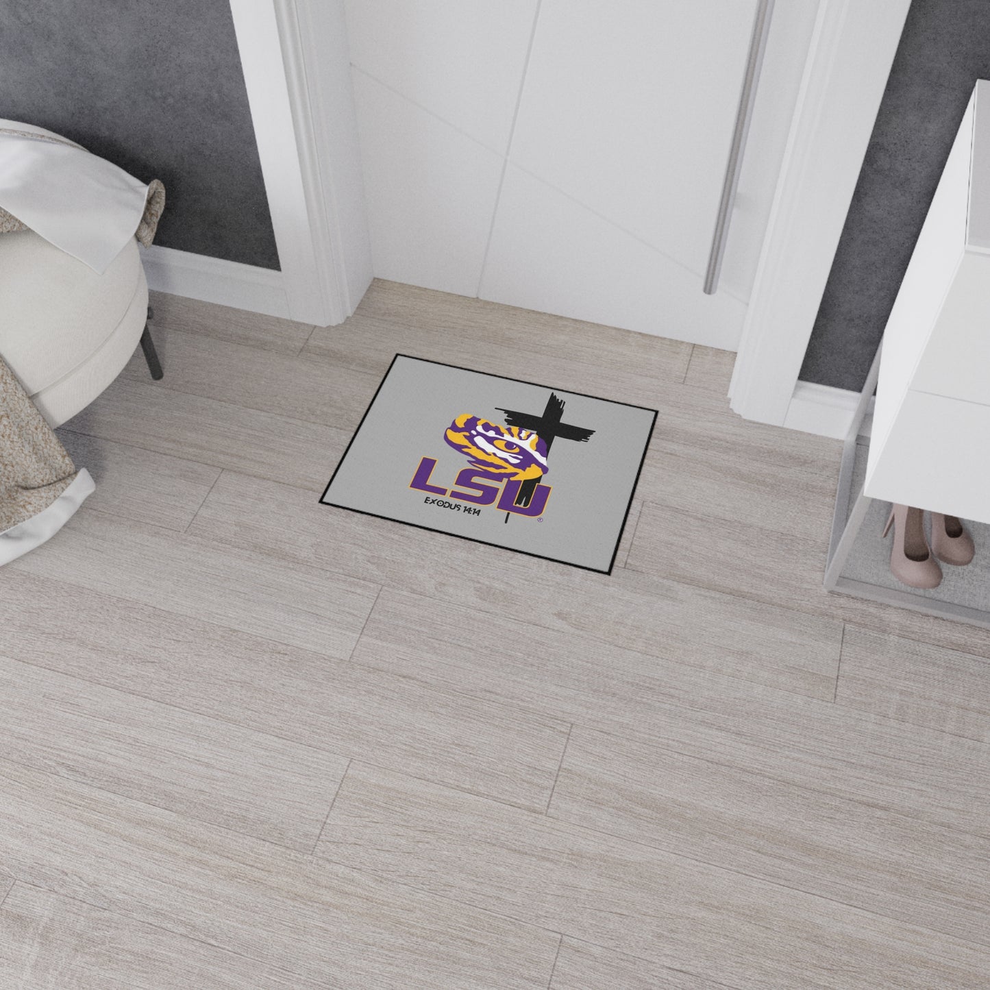 LSU themed faith inspired Heavy Duty Floor Mat, LSU home decor for dorms, university themed dorm accessories