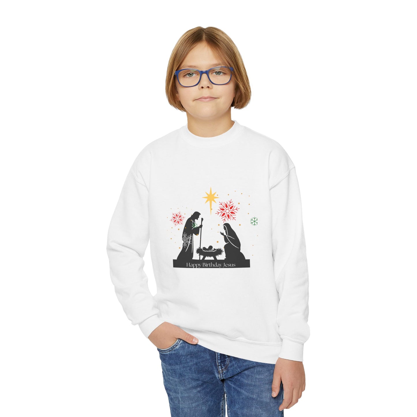 Christmas Youth Sweatshirt, faith inspired Holiday Gift, Nativity Scene Crewneck for youth, kids Winter Apparel, Kids Christmas Sweater, Religious Youth crewneck