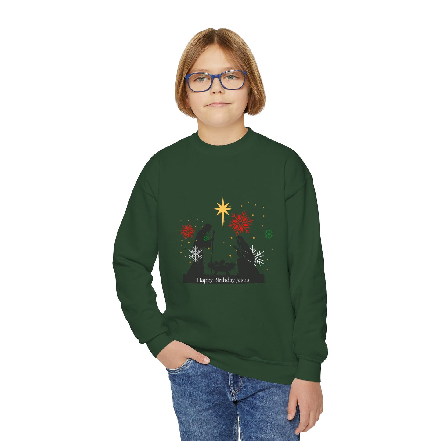 Christmas Youth Sweatshirt, faith inspired Holiday Gift, Nativity Scene Crewneck for youth, kids Winter Apparel, Kids Christmas Sweater, Religious Youth crewneck