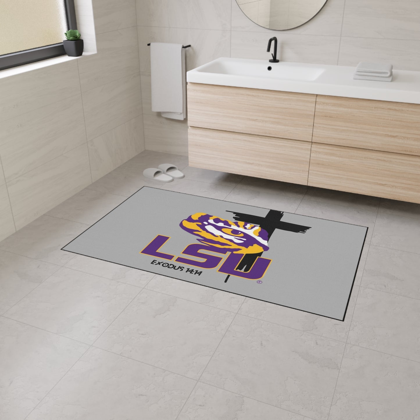 LSU themed faith inspired Heavy Duty Floor Mat, LSU home decor for dorms, university themed dorm accessories