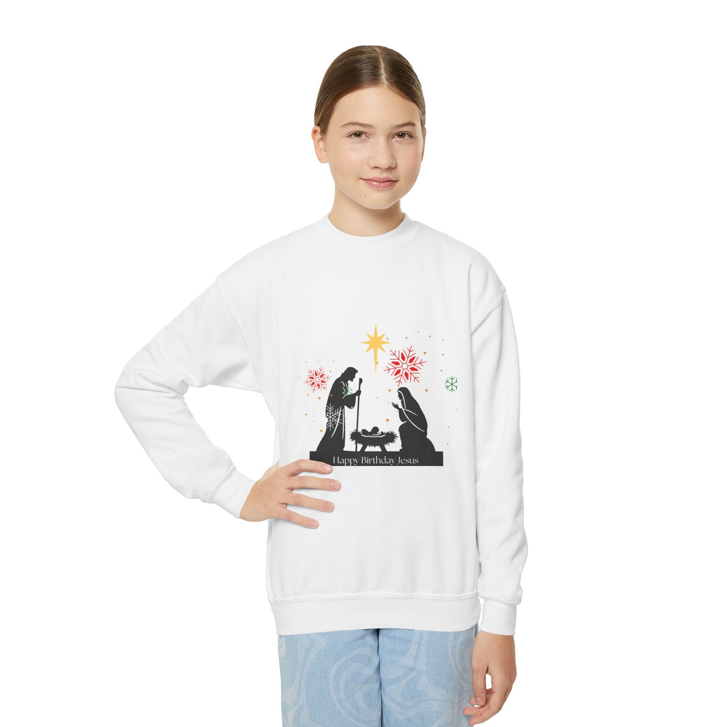 Christmas Youth Sweatshirt, faith inspired Holiday Gift, Nativity Scene Crewneck for youth, kids Winter Apparel, Kids Christmas Sweater, Religious Youth crewneck