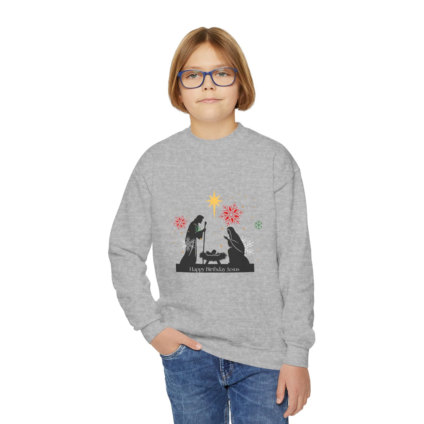 Christmas Youth Sweatshirt, faith inspired Holiday Gift, Nativity Scene Crewneck for youth, kids Winter Apparel, Kids Christmas Sweater, Religious Youth crewneck