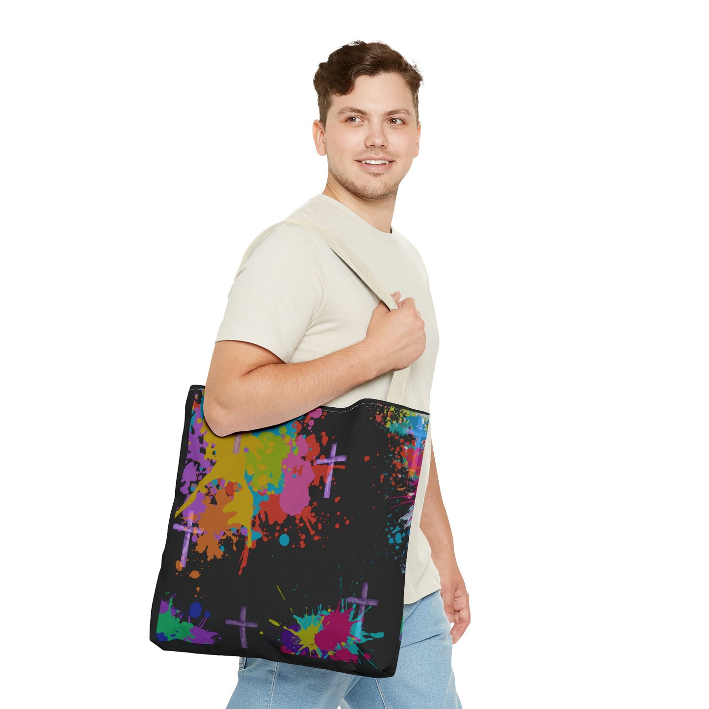 Colorful Splash Cross Tote Bag, Canvas Shopping Bag, Trendy Beach Bag, Festival Tote, Gift for Creative Souls
