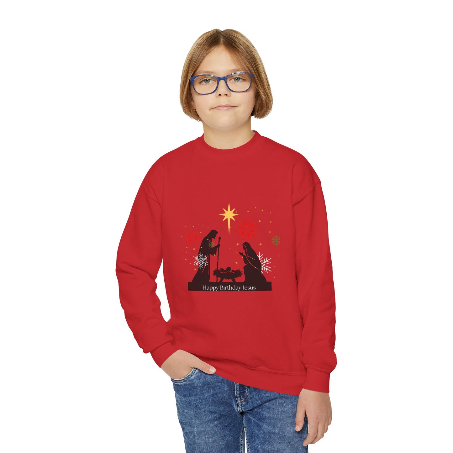Christmas Youth Sweatshirt, faith inspired Holiday Gift, Nativity Scene Crewneck for youth, kids Winter Apparel, Kids Christmas Sweater, Religious Youth crewneck