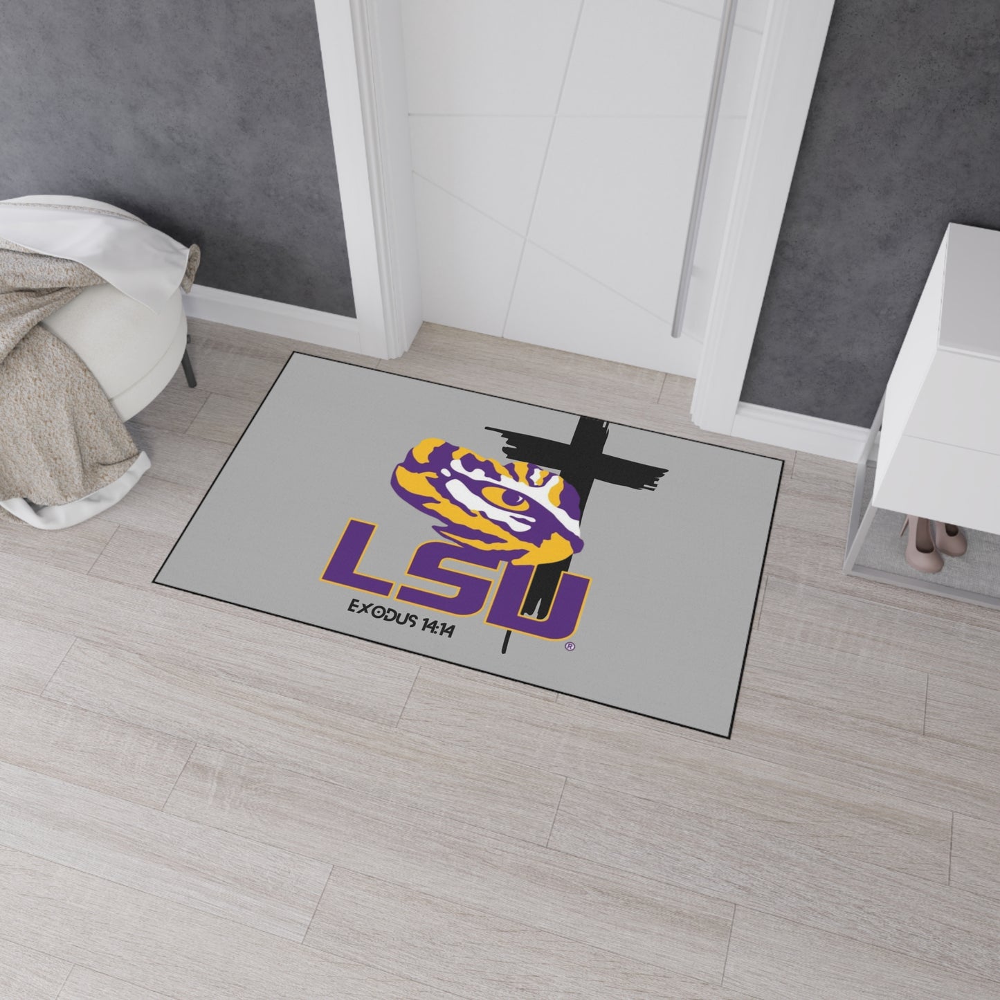 LSU themed faith inspired Heavy Duty Floor Mat, LSU home decor for dorms, university themed dorm accessories