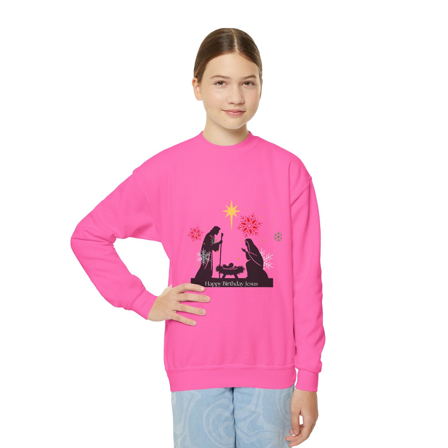 Christmas Youth Sweatshirt, faith inspired Holiday Gift, Nativity Scene Crewneck for youth, kids Winter Apparel, Kids Christmas Sweater, Religious Youth crewneck