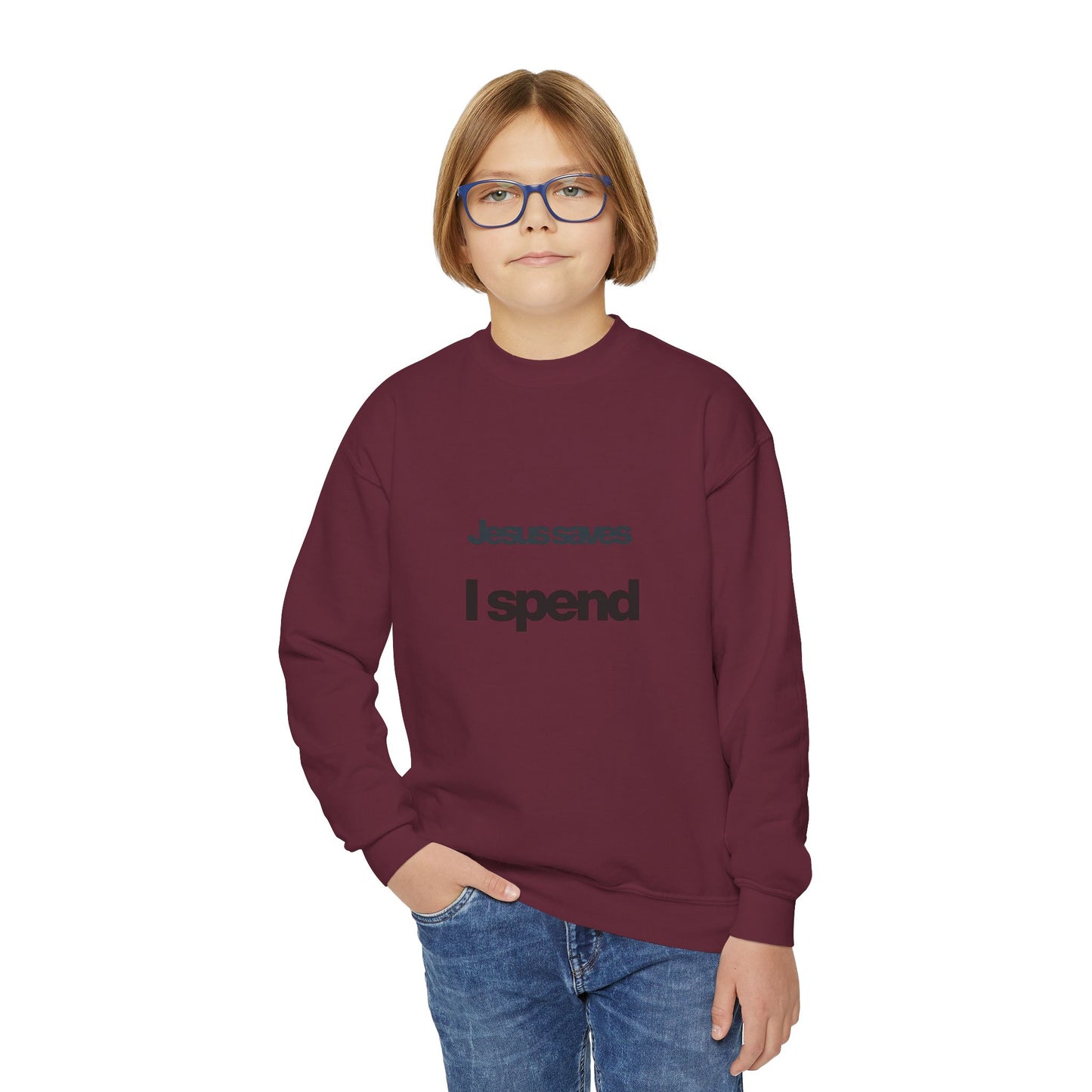 Jesus Saves Youth Crewneck Sweatshirt, spiritual streetwear, Sweatshirt, Youth trendy Apparel, Cozy Everyday Wear, Gifts for Teens