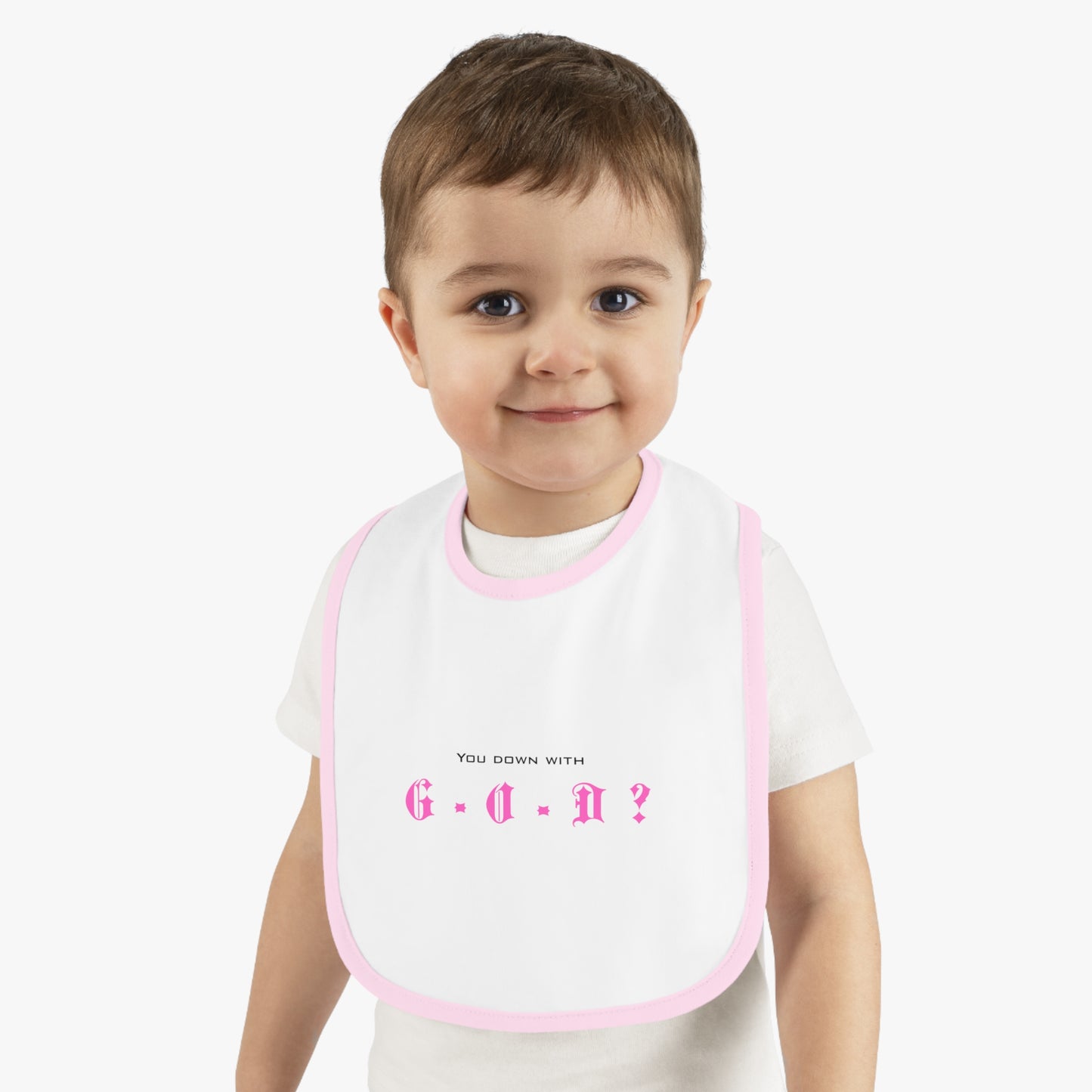 Christian themed Cute Baby Bib with Pink Trim - Perfect for First Birthdays, Baby Showers, and Everyday Meal Time | Soft Cotton faith based Great Gift