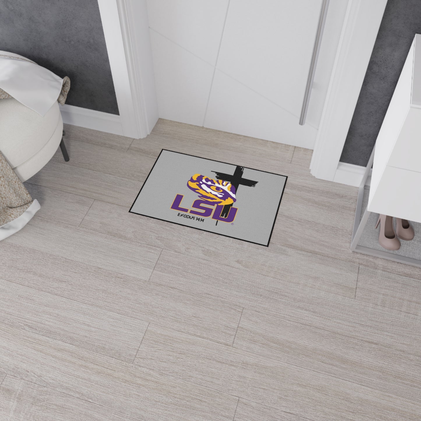 LSU themed faith inspired Heavy Duty Floor Mat, LSU home decor for dorms, university themed dorm accessories