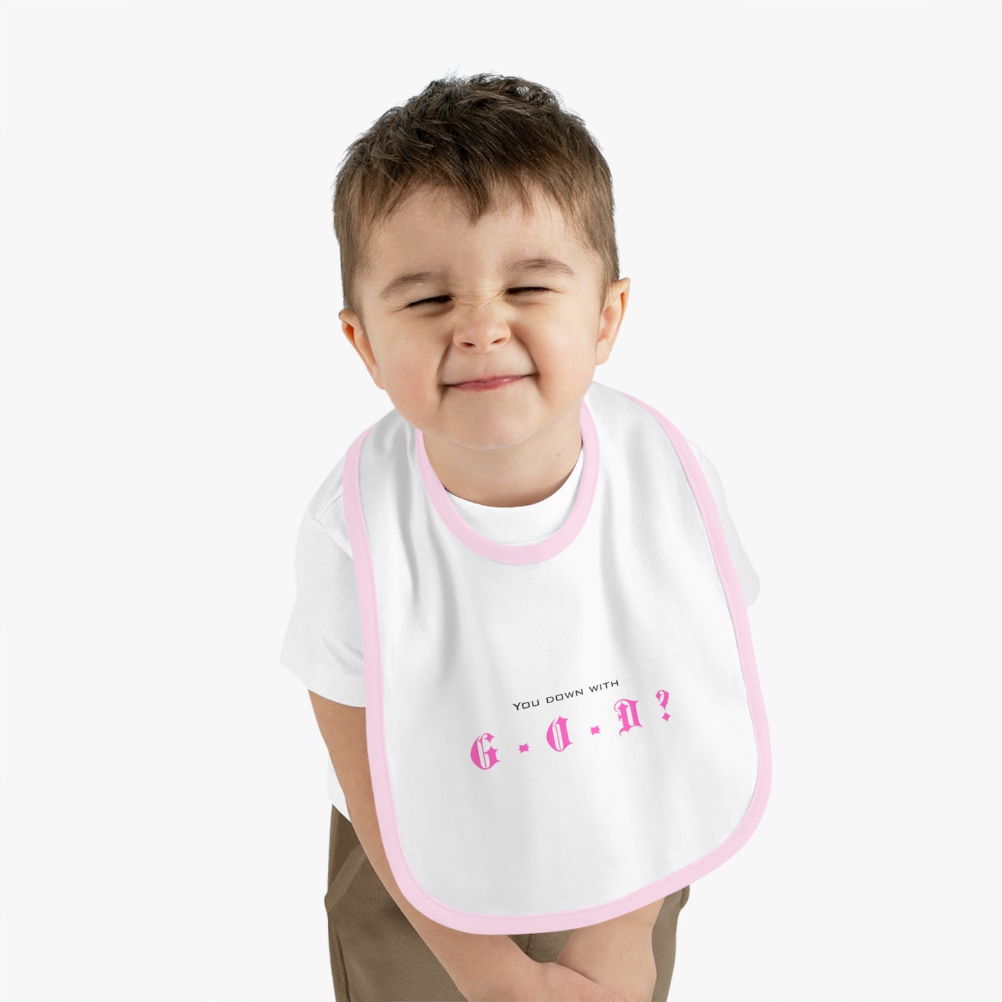 Christian themed Cute Baby Bib with Pink Trim - Perfect for First Birthdays, Baby Showers, and Everyday Meal Time | Soft Cotton faith based Great Gift