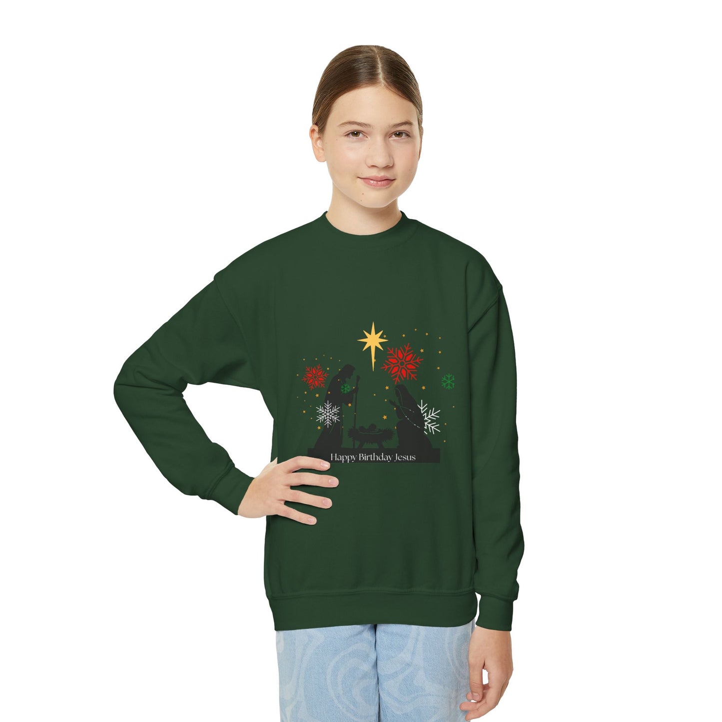 Christmas Youth Sweatshirt, faith inspired Holiday Gift, Nativity Scene Crewneck for youth, kids Winter Apparel, Kids Christmas Sweater, Religious Youth crewneck