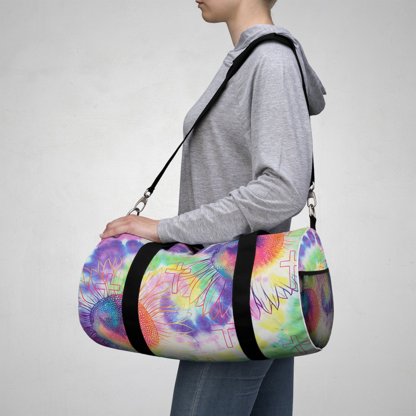 Vibrant Floral Cross Duffel Bag, faith inspired Gym Bag, Weekend faith based Travel Bag, cross themed Sports Bag, Tote for Fitness Enthusiasts, Christian Gifts