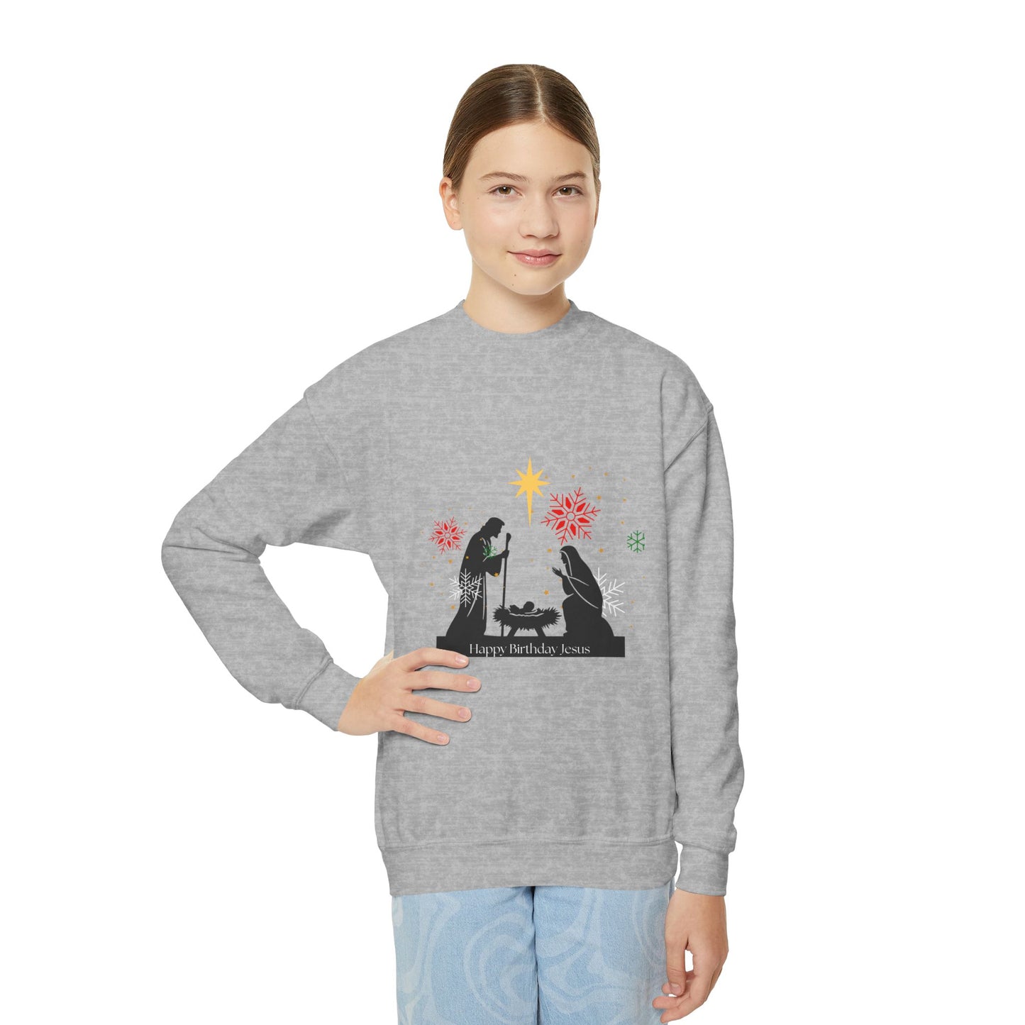 Christmas Youth Sweatshirt, faith inspired Holiday Gift, Nativity Scene Crewneck for youth, kids Winter Apparel, Kids Christmas Sweater, Religious Youth crewneck