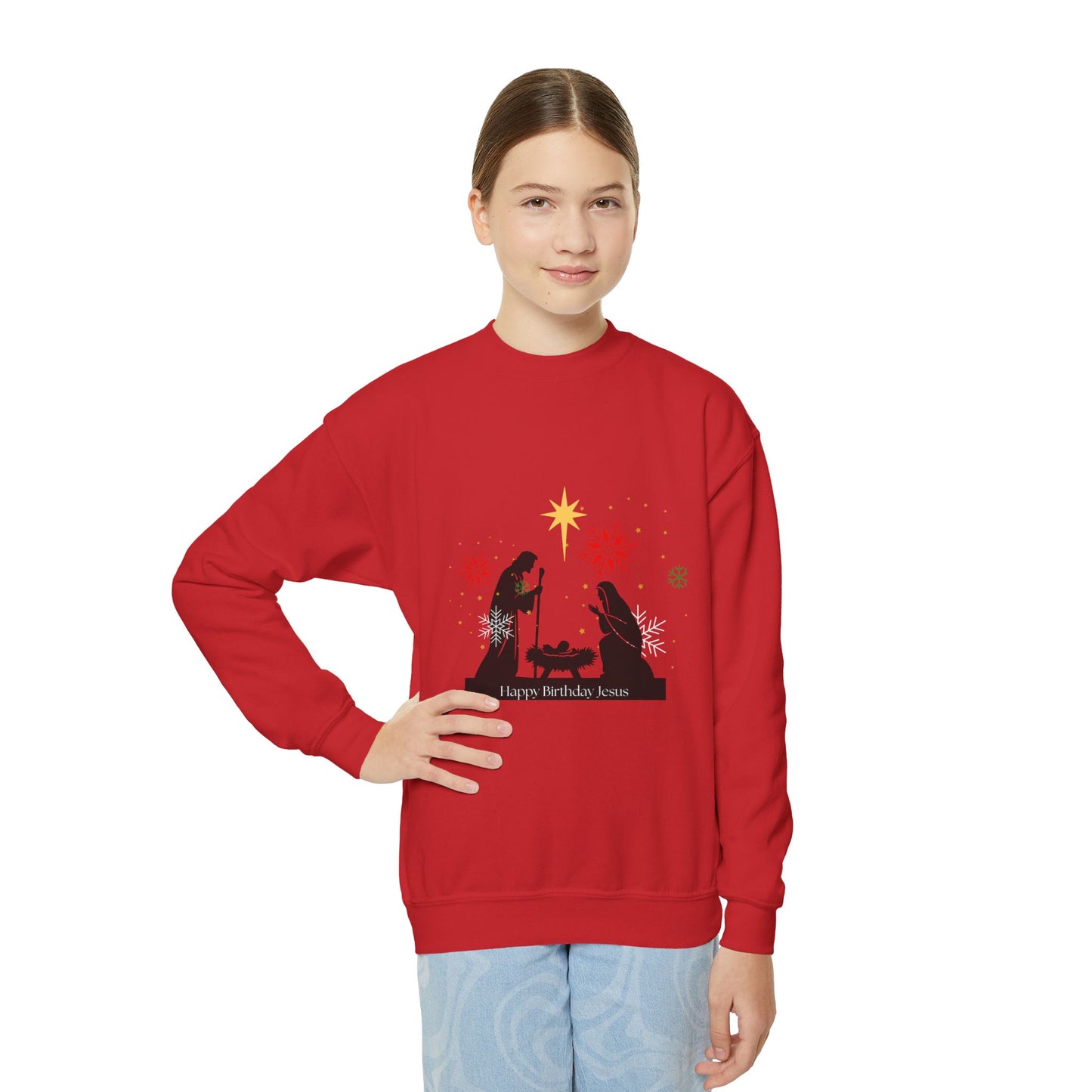 Christmas Youth Sweatshirt, faith inspired Holiday Gift, Nativity Scene Crewneck for youth, kids Winter Apparel, Kids Christmas Sweater, Religious Youth crewneck