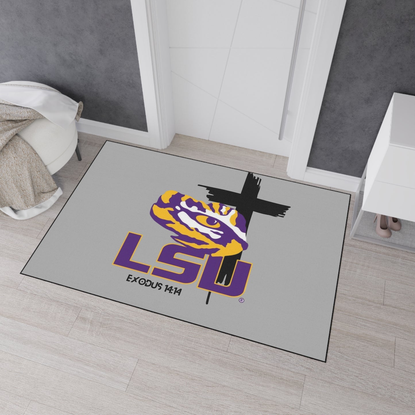 LSU themed faith inspired Heavy Duty Floor Mat, LSU home decor for dorms, university themed dorm accessories