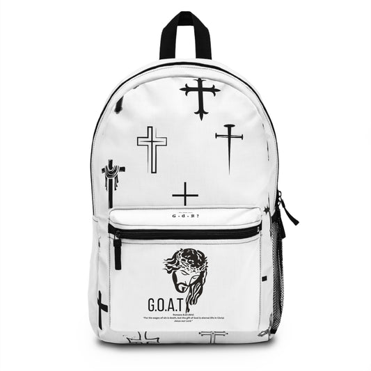 Stylish Graphic Backpack with Cross Design, faith inspired Trendy School Bag, religious Urban Lifestyle Accessory, Perfect for Students, Bible themed G.O.A.T. Backpack