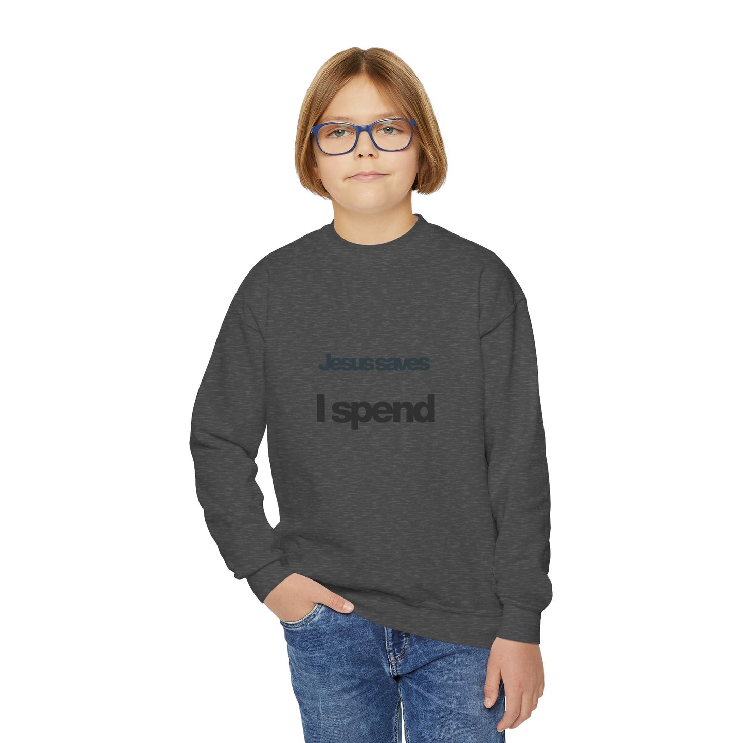 Jesus Saves Youth Crewneck Sweatshirt, spiritual streetwear, Sweatshirt, Youth trendy Apparel, Cozy Everyday Wear, Gifts for Teens